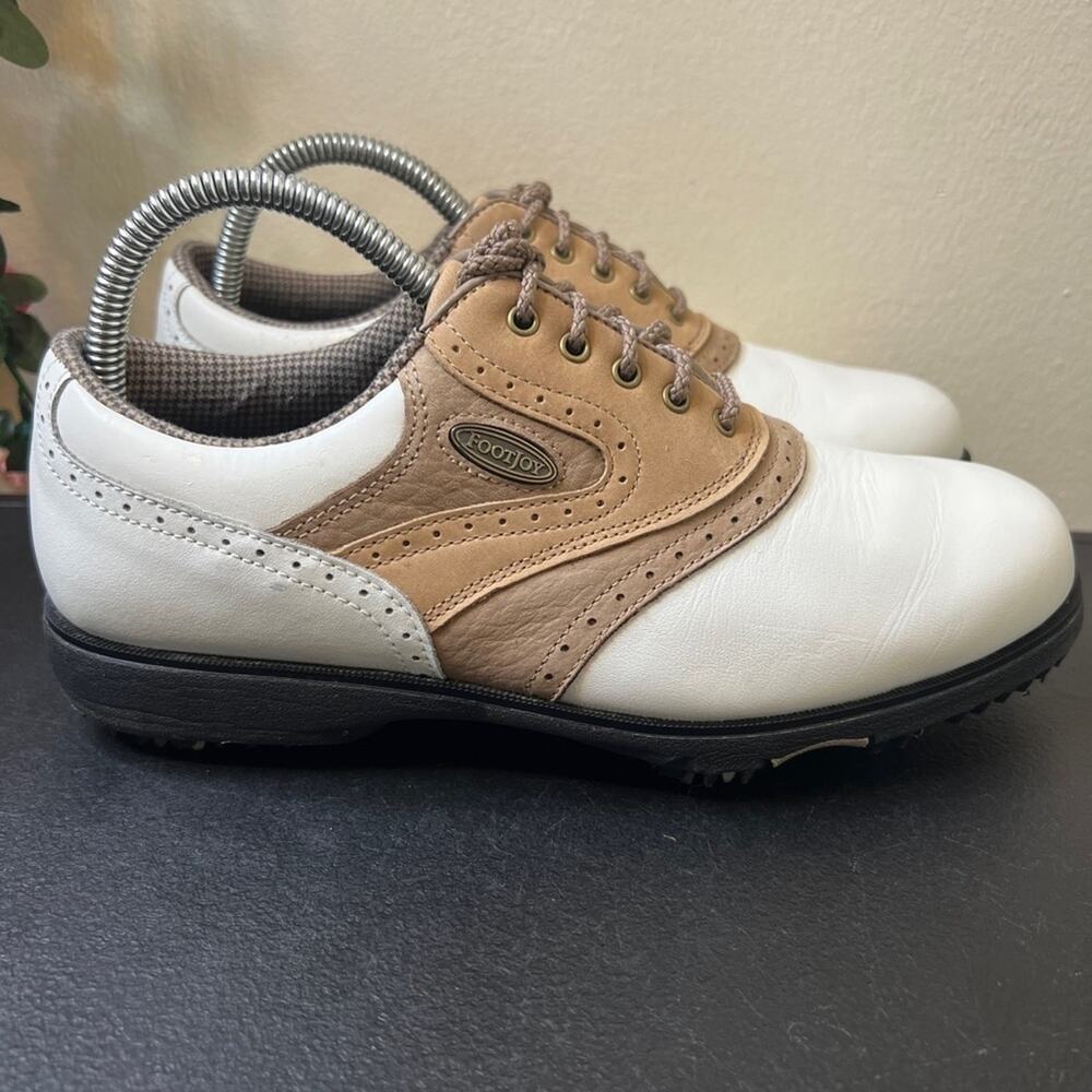 FootJoy Women’s Golf Shoes White Brown Leather Size 6W Wide Spiked🌹